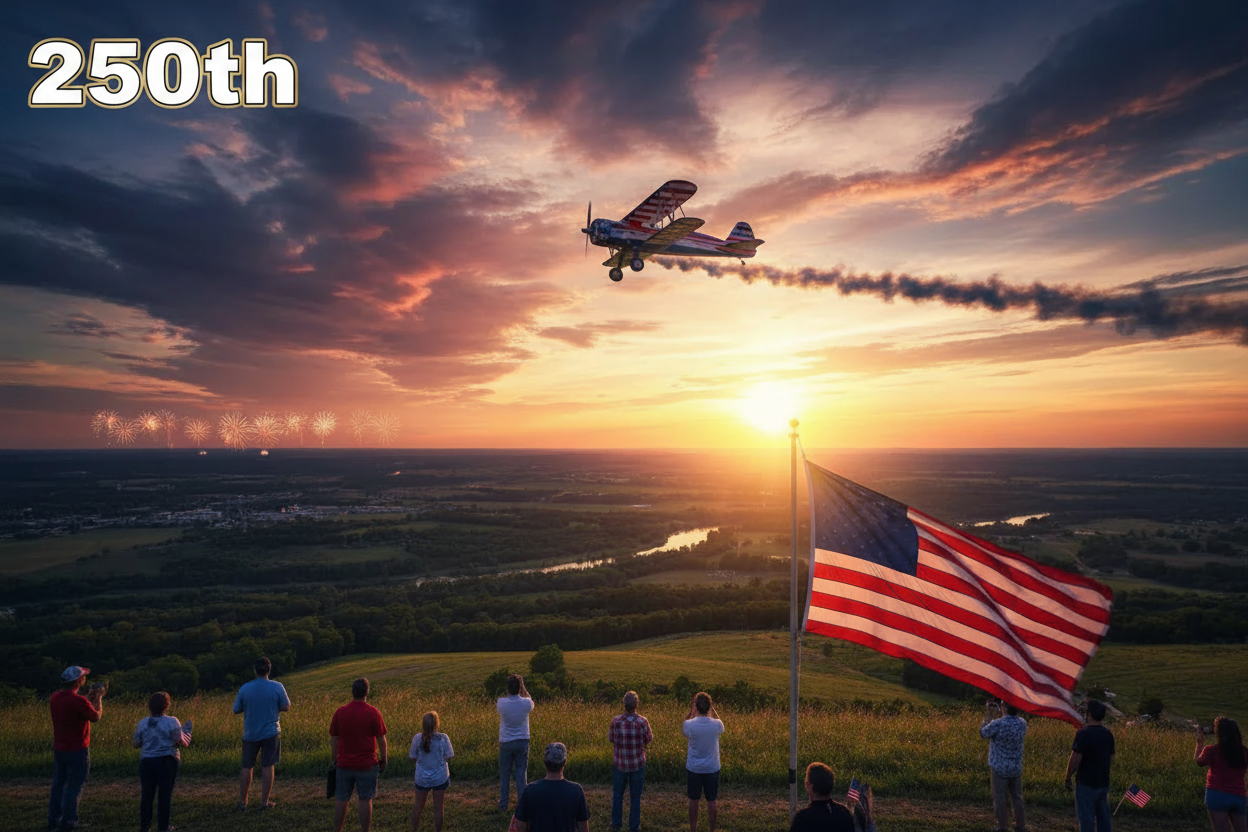 RC biplane flying over American landscape at sunset on 4th of July - 250th Anniversary - Ace Customs