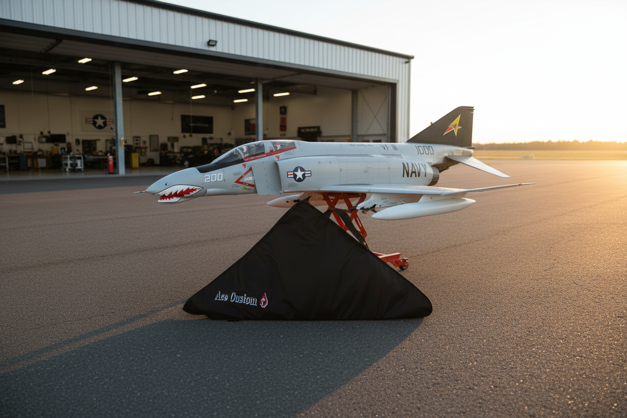 Ace Customs black wing bag in front of a Navy F-4 Phantom RC aircraft