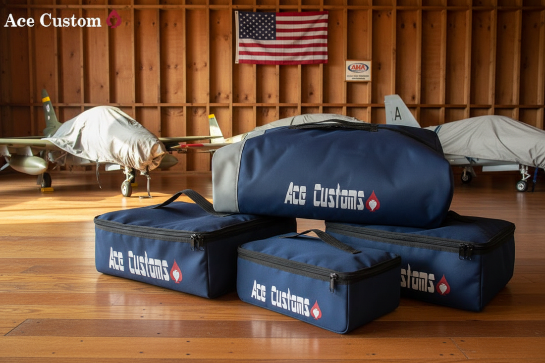 Ace Customs RC Bomb Bags, Pylon Bags, and Wing Tip Tank Bags displayed in a wood panel RC hangar with RC aircraft — Made in the USA