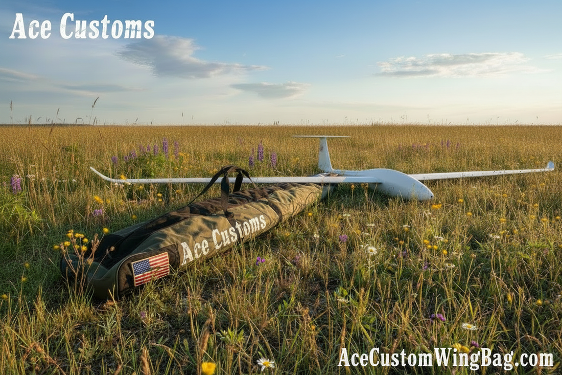 RC glider wing bag and sailplane in an open meadow — Ace Customs, AceCustomWingBag.com