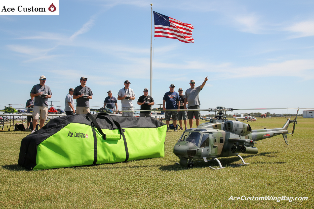 RC Helicopter Flight Bag at flying field with 700 size helicopter and American flag by Ace Customs