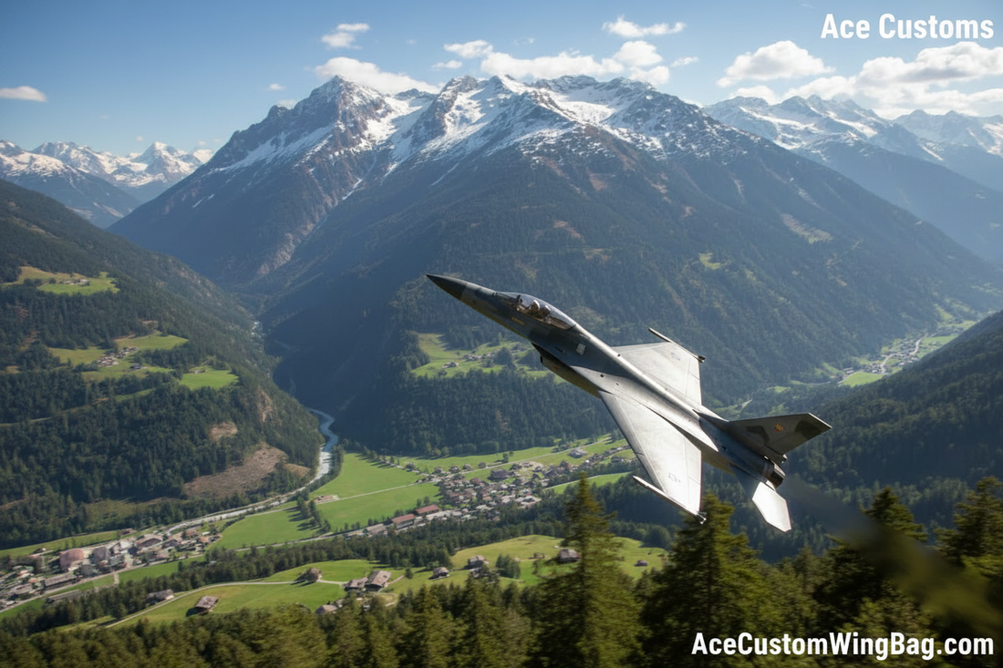 RC jet plane flying over European alpine mountains - Ace Customs
