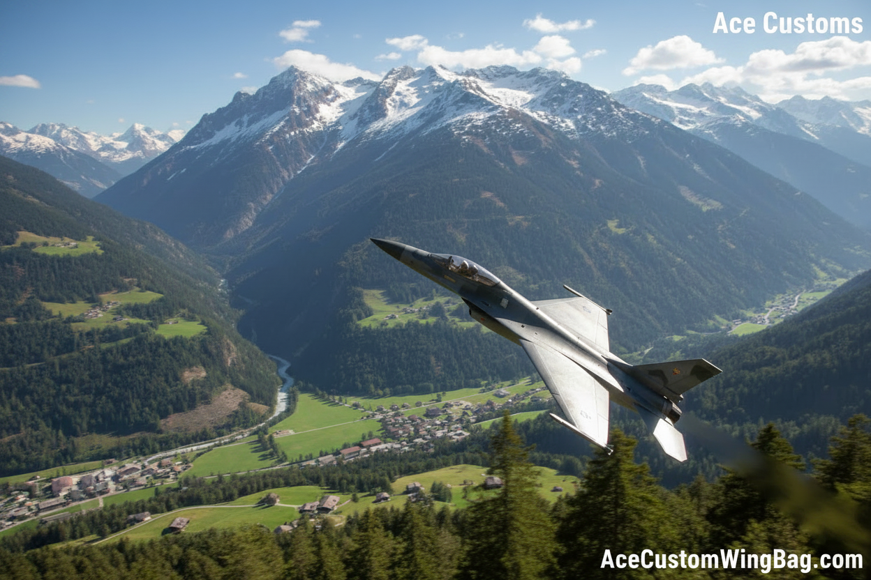 RC jet plane flying over European alpine mountains - Ace Customs
