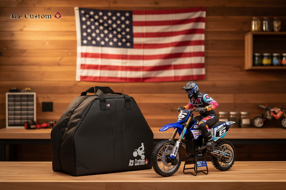 RC Losi Promoto MX Motorcycle Bag in Wood Garage with American Flag by Ace Customs