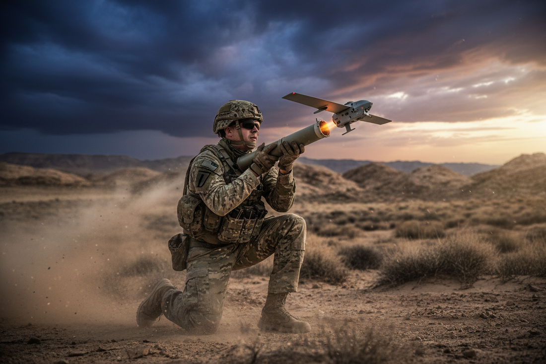 Switchblade 300 loitering munition tube launch in desert field