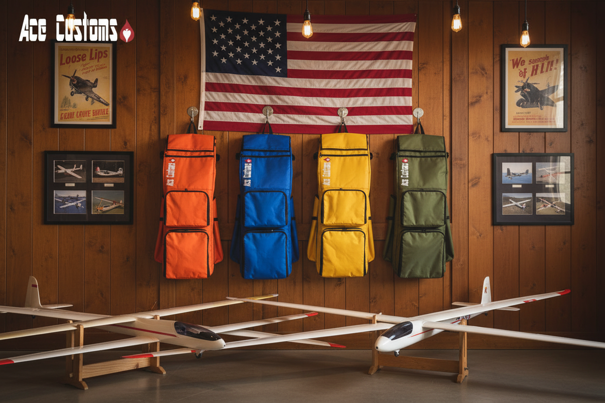 Four Ace Customs Backpacks in Hangar - Orange Blue Yellow Olive Green, Made in USA - Ace Customs, AceCustomWingBag.com