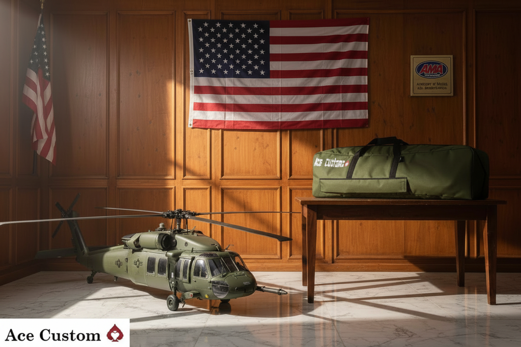 RC Helicopter Hangar Scene with Ace Customs Branding
