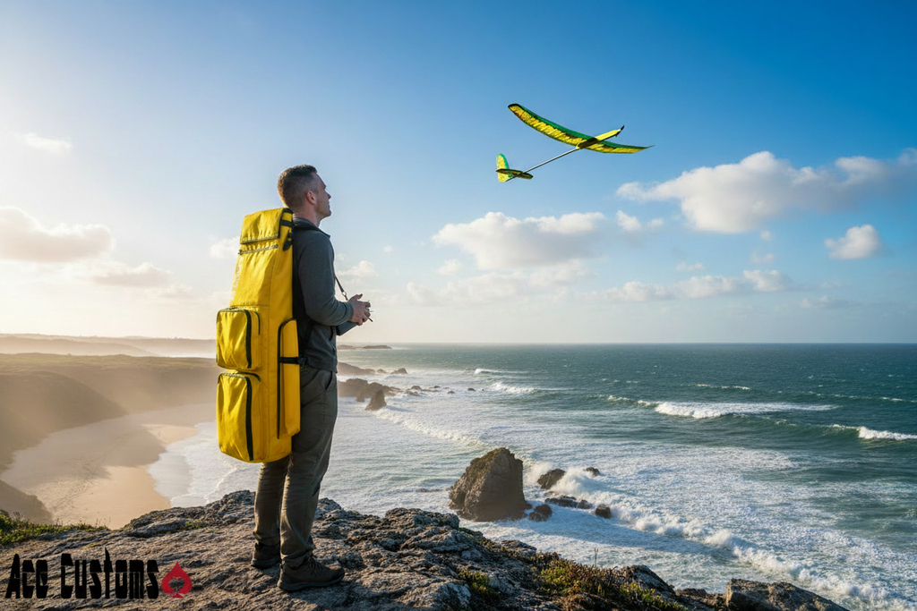 RC Glider Pilot with Yellow Backpack on Coastal Cliff, Made in USA - Ace Customs, AceCustomWingBag.com