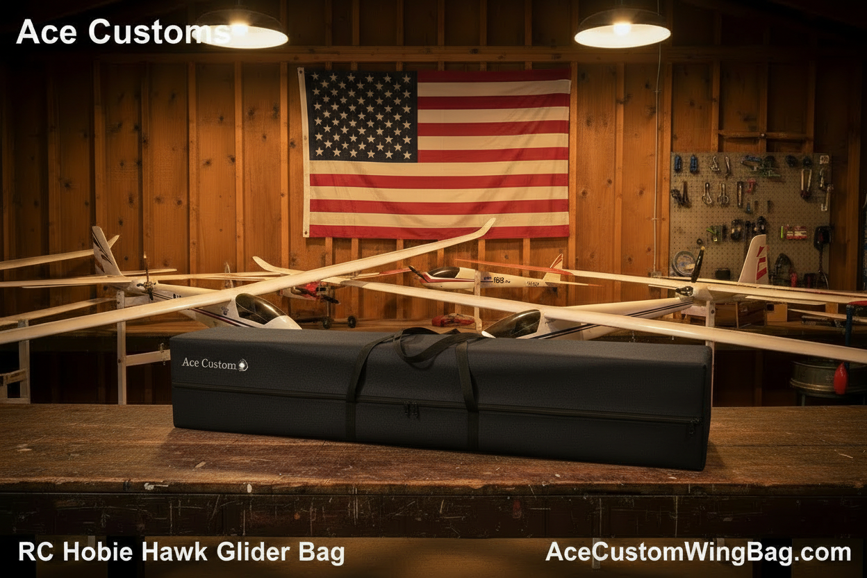 RC Hobie Hawk Glider Bag — Black, Hangar Scene with Text Overlays