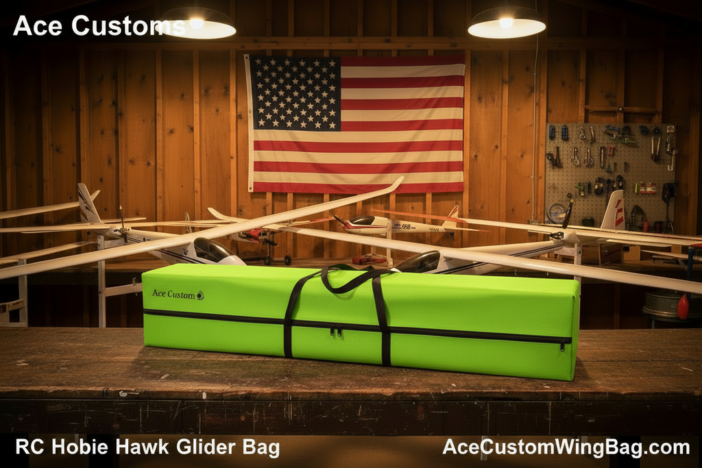 RC Hobie Hawk Glider Bag — Neon Green, Hangar Scene with Text Overlays