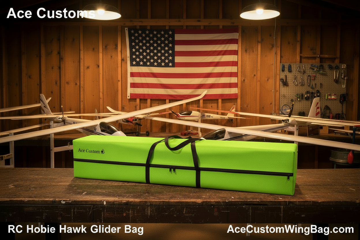 RC Hobie Hawk Glider Bag — Neon Green, Hangar Scene with Text Overlays