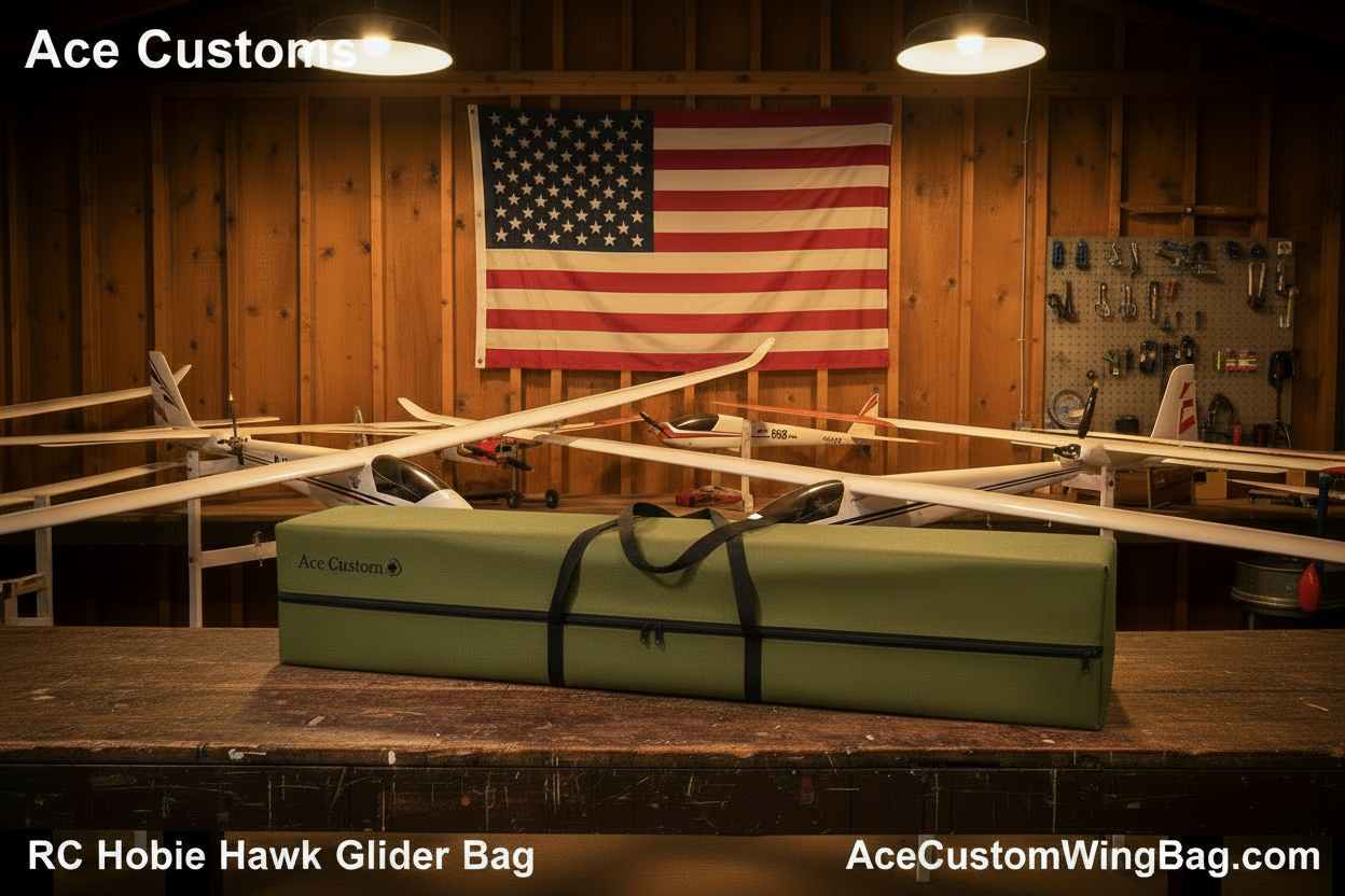 RC Hobie Hawk Glider Bag — Olive Green, Hangar Scene with Text Overlays