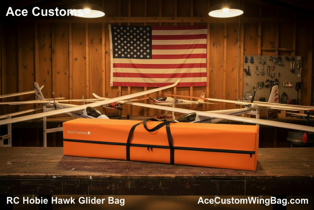 RC Hobie Hawk Glider Bag — Orange, Hangar Scene with Text Overlays