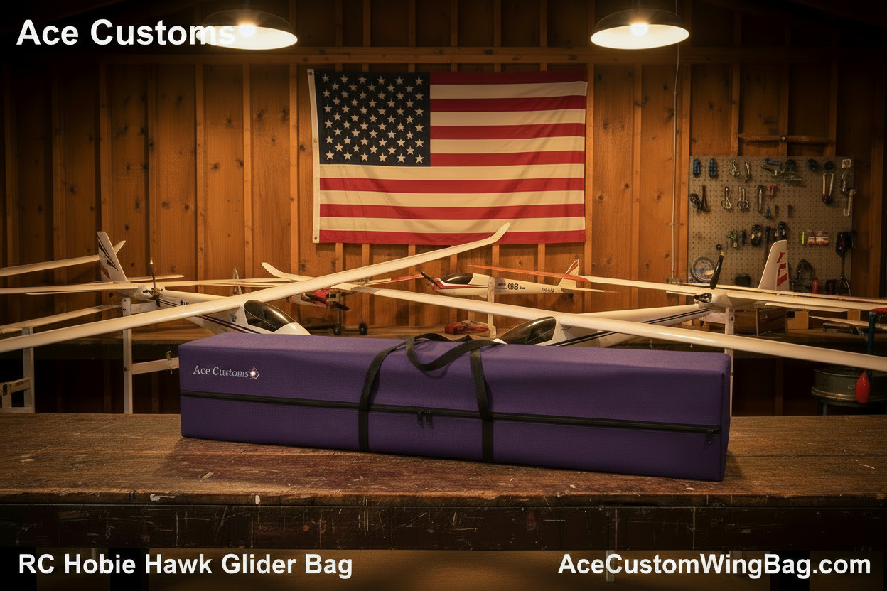 RC Hobie Hawk Glider Bag — Purple, Hangar Scene with Text Overlays