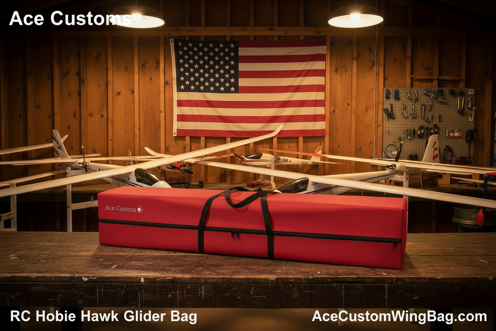 RC Hobie Hawk Glider Bag — Red, Hangar Scene with Text Overlays