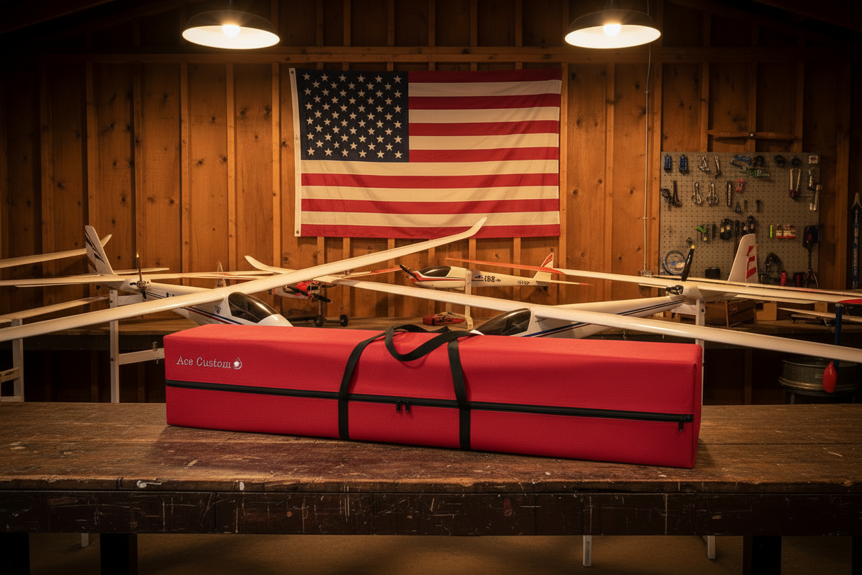 RC Hobie Hawk Glider Bag — Red, RC Hangar, Wood Walls, American Flag, Gliders