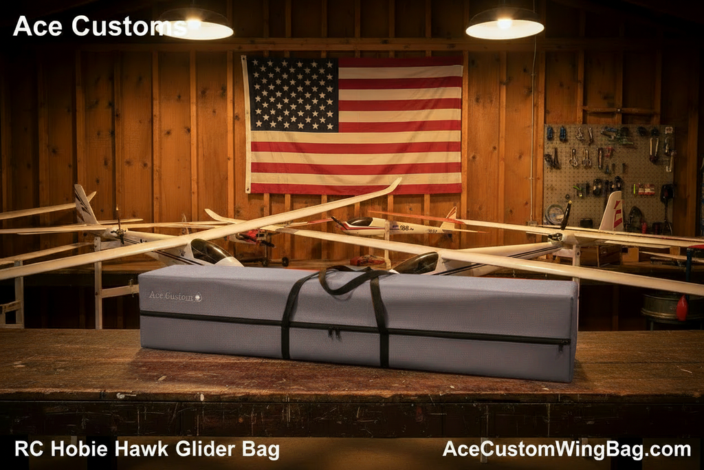 RC Hobie Hawk Glider Bag — Silver Gray, Hangar Scene with Text Overlays