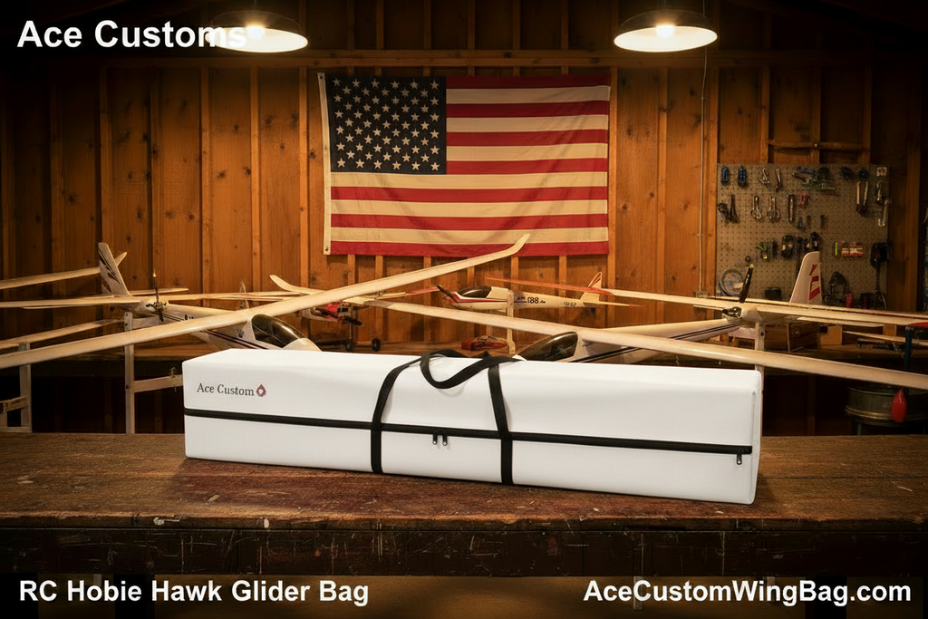 RC Hobie Hawk Glider Bag — White, Hangar Scene with Text Overlays