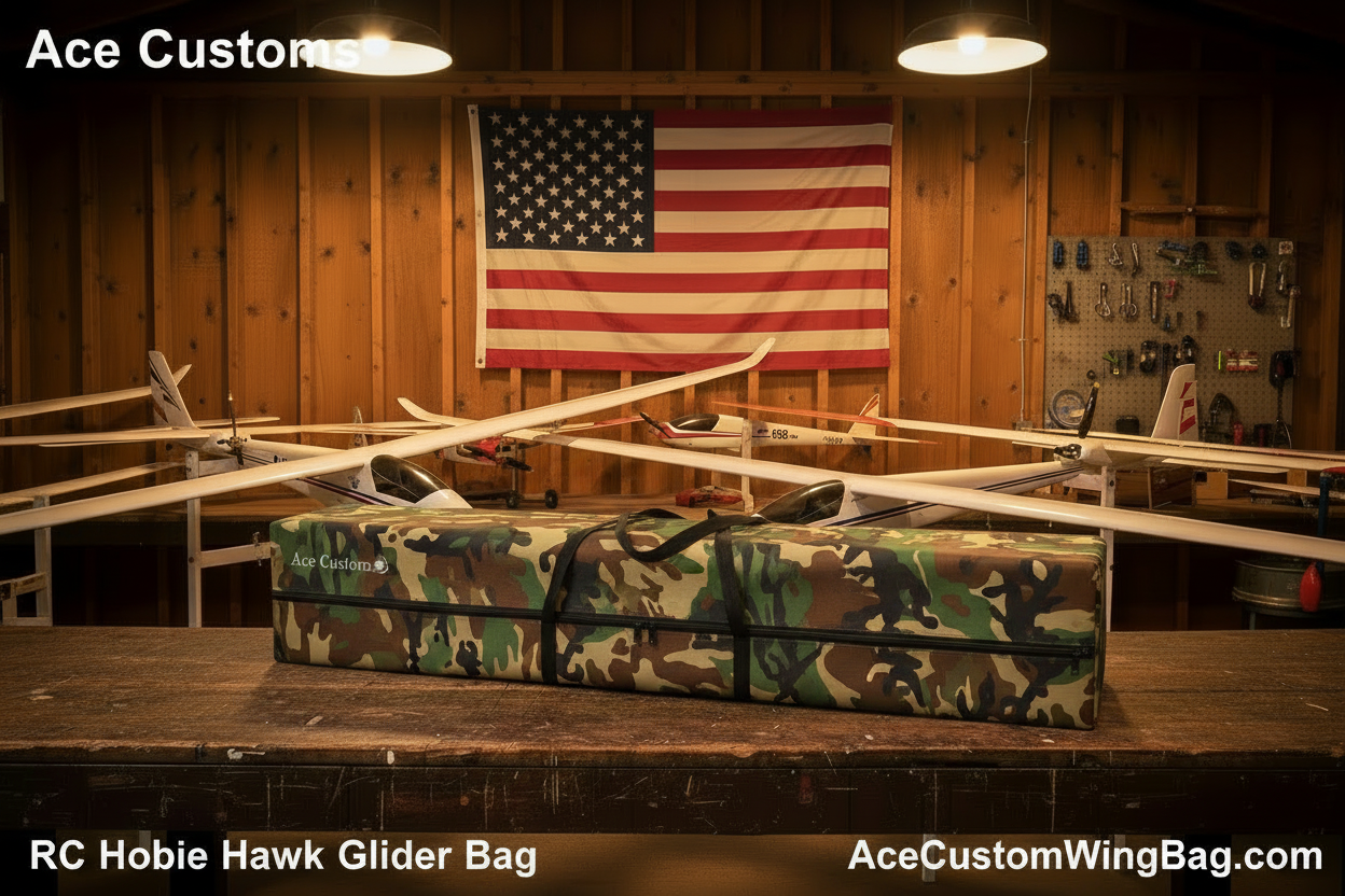 RC Hobie Hawk Glider Bag — Woodland Camo, Hangar Scene with Text Overlays