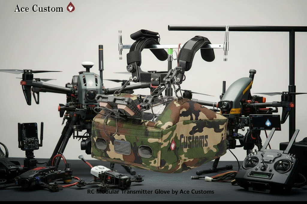 RC Modular Transmitter Glove Woodland Camo, Transmitter winter case, RC Transmitter Glove, Made in USA - Ace Customs