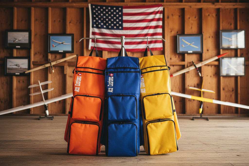 Three Ace Customs Glider Backpacks in Hangar, Orange, Royal Blue, Yellow, Made in USA, Ace Customs, AceCustomWingBag.com