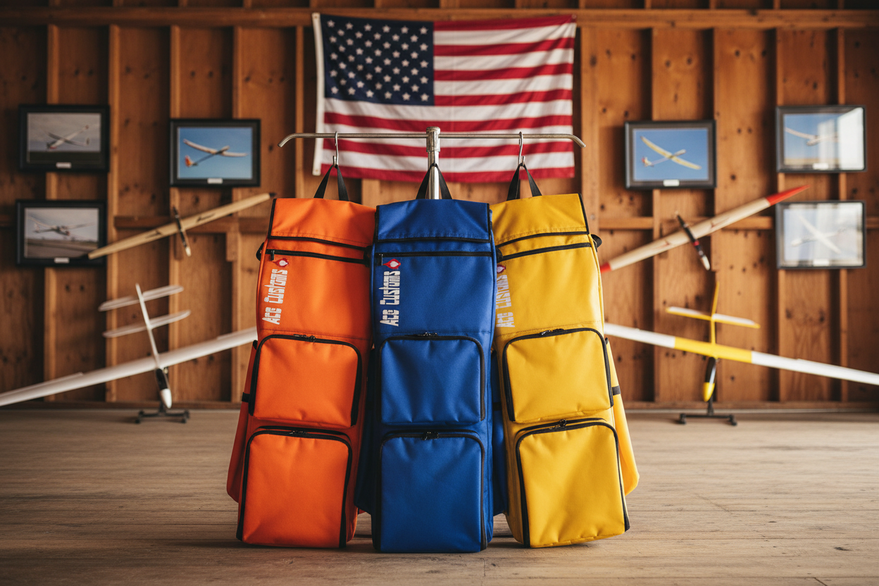 Three Ace Customs Glider Backpacks in Hangar, Orange, Royal Blue, Yellow, Made in USA, Ace Customs, AceCustomWingBag.com