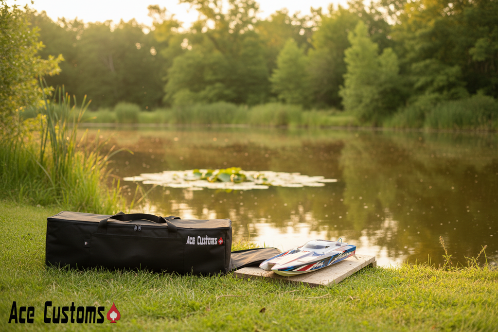 Traxxas Spartan SR and Original Ace Customs Boat Bag at Pond